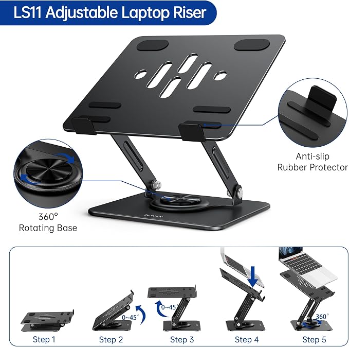 BESIGN Laptop Stand with 360° Rotating Base, Ergonomic Adjustable Notebook Riser, Foldable Computer Holder Compatible with 10-14" Laptops, LS11 Black - Image 6