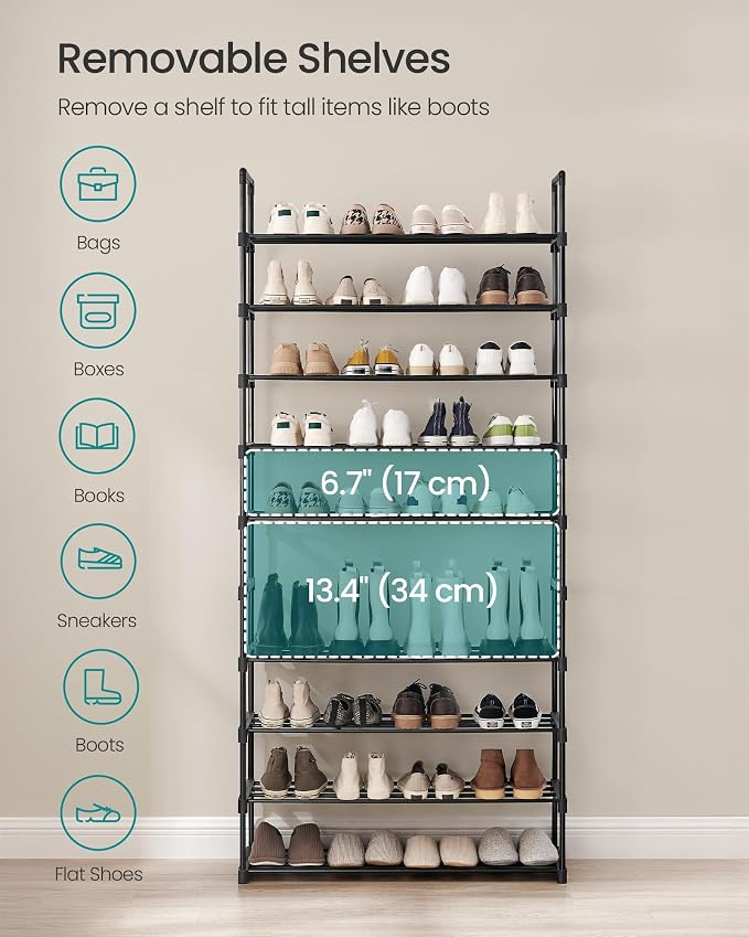 SONGMICS Shoe Rack, 10-Tier Shoe Organizer, Metal Storage Shelf | for Entryway, Upright or Upside Down, for 44-55 Pairs, Stackable, 11.8 x 36.2 x 68.1 Inches, Black ULSA011B01 - Image 4