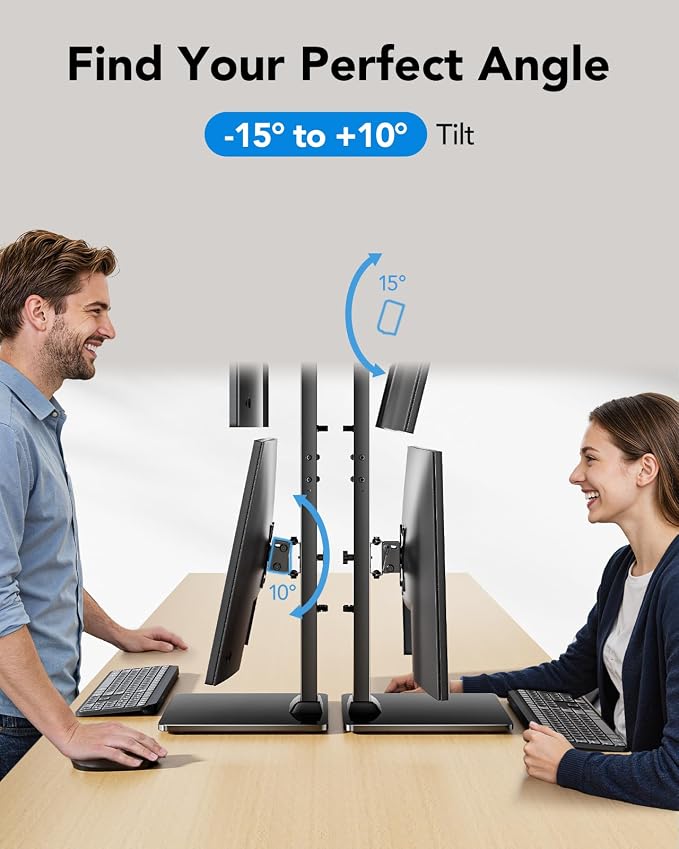 HUANUO Dual Monitor Stand for 13 to 34 Inch, Max Load 44 lbs, Vertical Monitor Mount, Freestanding Monitor Riser with Swivel, Tilt, Rotation, 13 Height Settings, Max VESA 100x100 - Image 6