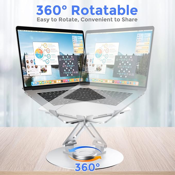 Swivel Laptop Stand for Desk, Adjustable Height Aluminum Computer Stand with 360 Rotating Base, Foldable Ergonomic Riser, Portable Laptop Holder Compatible with MacBook, All Laptops 10-17'', Chrome - Image 2