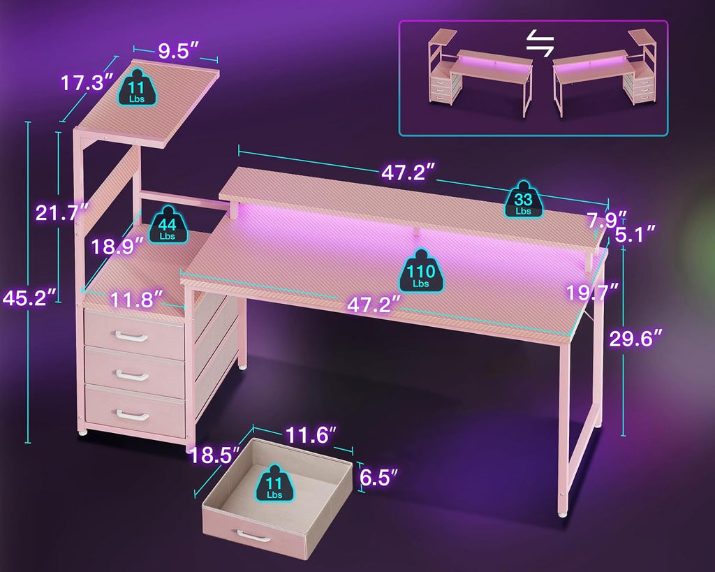 AODK Gaming Desk w/PC Showcase Stand, 59" Reversible, RGB LED - Image 3