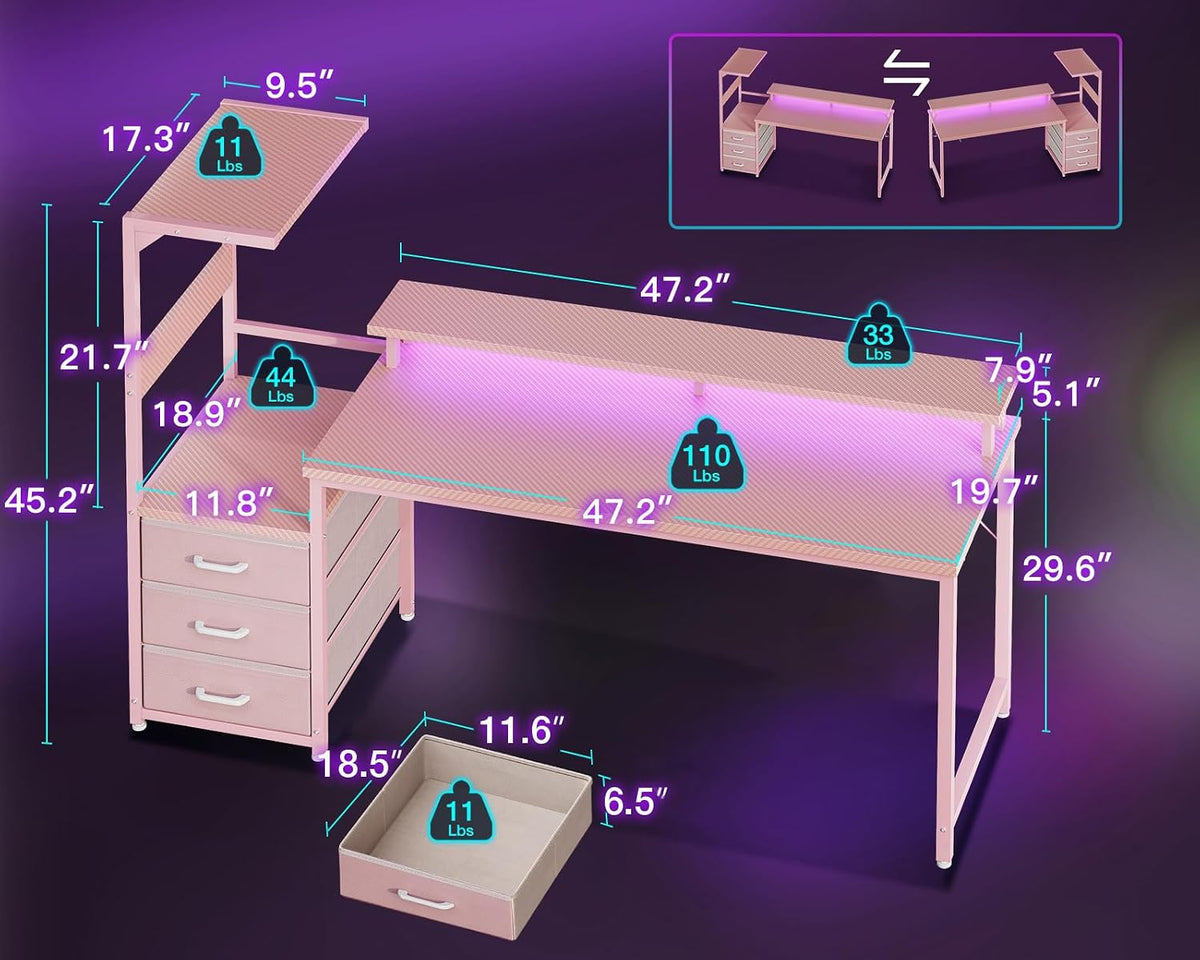 AODK Gaming Desk w/PC Showcase Stand, 59" Reversible, RGB LED - Image 3