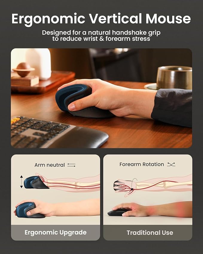 ProtoArc EM11 NL Wireless Ergonomic Mouse, Rechargeable Vertical Mouse | 58° vertical design supports a natural wrist posture, connect 3 devices via Bluetooth/2.4G USB-A, 500mAh USB-C rechargeable. - Image 6