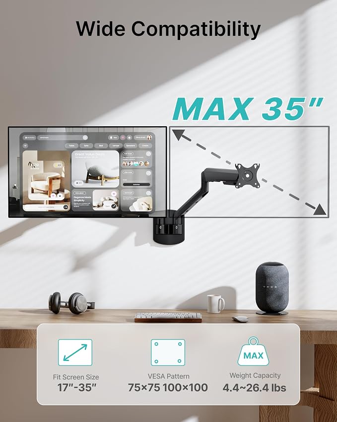 PEGZONE Dual Monitor Wall Arm 17"-35" Ultrawide 26.4Lbs VESA Black | Fully Adjustable, Space Saving Structure, VESA 75x75 & 100x100, Ideal for Home Office Gaming, Fits Ultrawide Monitors - Image 2