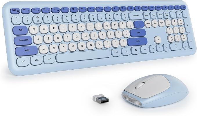 surmen Blue Keyboard and Mouse Wireless, Cute Wireless Typewriter, Full Size Slim Silent Keyboard Round Keys Aesthetic for Home and Office(Colorful Blue) by SURMEN