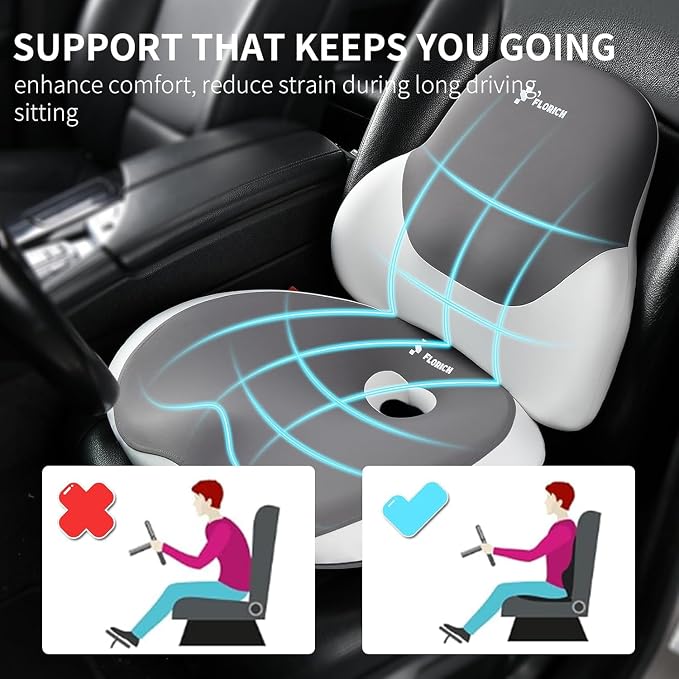Seat Cushion and Lumbar Support Pillow for Office Chair Car Neck Headrest Pillow Memory Foam Seat Pads Pressure Relief Back Cushion and Carseat Pads(Grey) - Image 3