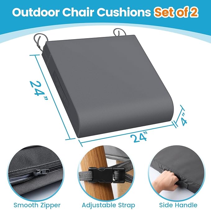 TasticTotes 24 x 24 x 4 Inch Outdoor Patio Chair Cushions Set of 2, Grey | Waterproof Outdoor Seat Cushions with Adjustable Straps & Handles, Fade-Resistant dinning Pads for Outdoor Furniture, Garden - Image 2
