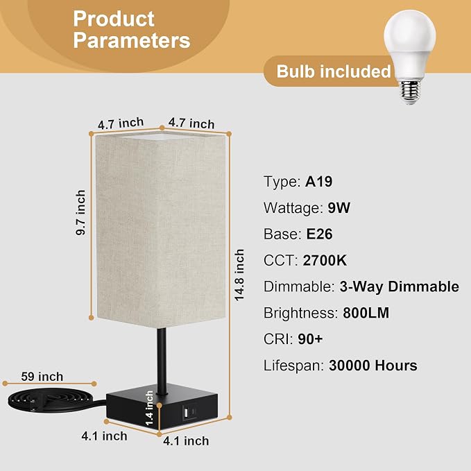 Bedside Table Lamp for Bedroom with 2 USB Ports, 14-Inch, Beige | USB A+C Ports, Touch 3-Way Dimmable LED Bulb Included Fabric Lampshade Metal Base Small Nightstand Lamp for Desk Living Room - Image 5
