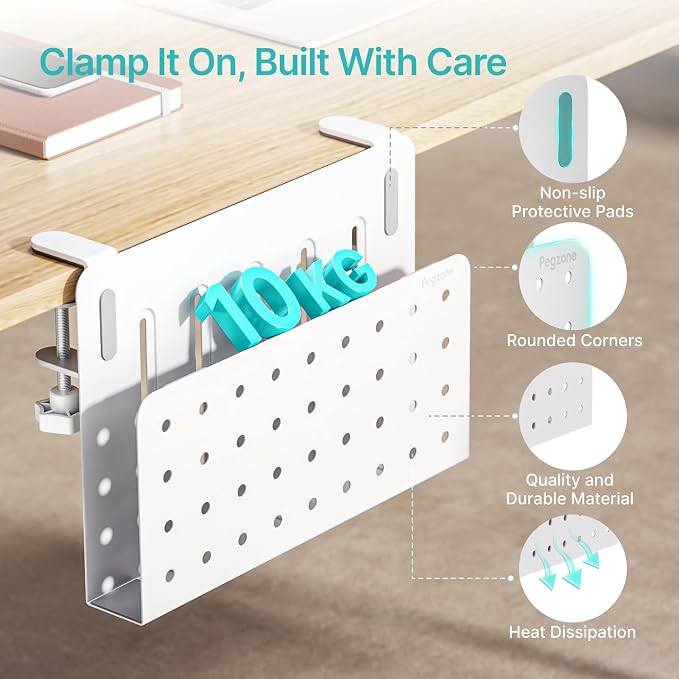 Desk Side Storage Organizer, Fits Flat Edge 0.4" to 2.2", White | No Drill Under Desk Laptop Holder, Clamp on Desks Shelf with Pegboard Accessories, Hanging Laptop Mount - Image 4