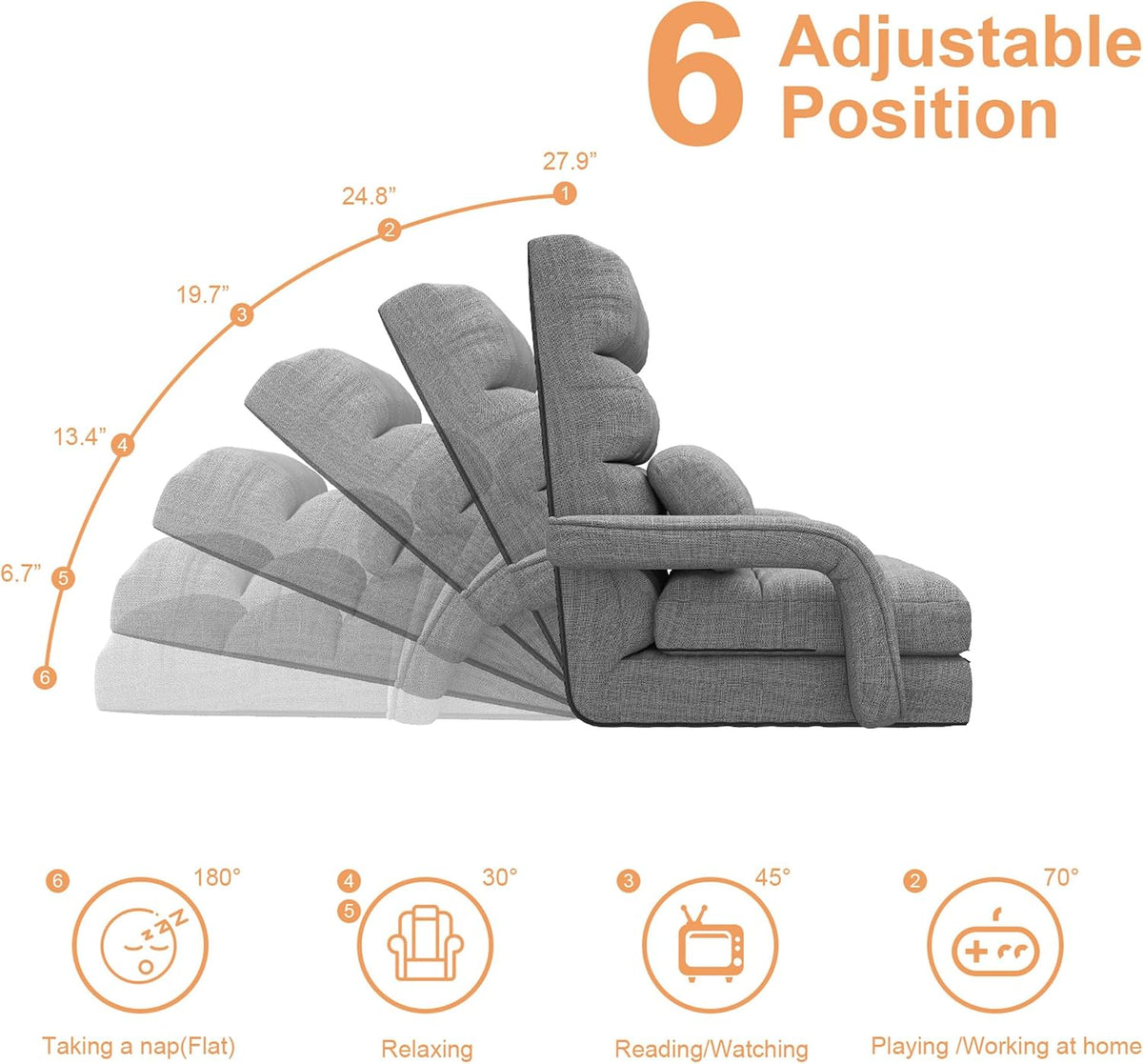 Floor Gaming Chair with 6 Adjustable Position, Foldable Lazy Sofa Chair with Armrest for Adult, Comfy Chaise Lounge Indoor, Breathable Floor Bed Sleeper for Bedroom, Yoga, Dorm - Image 5