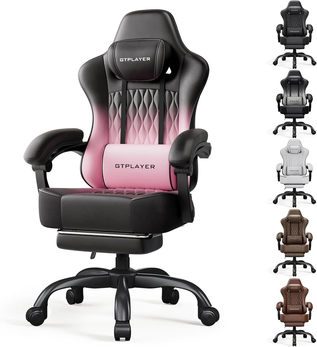 GTPLAYER Big and Tall Gaming Chair with Footrest, Ergonomic Office Desk Chair with 4.4in Thick Cushion and Wide Wingless Seat, Comfortable Leather Computer Chair, Predator Series, Pink Gradient by GTPLAYER
