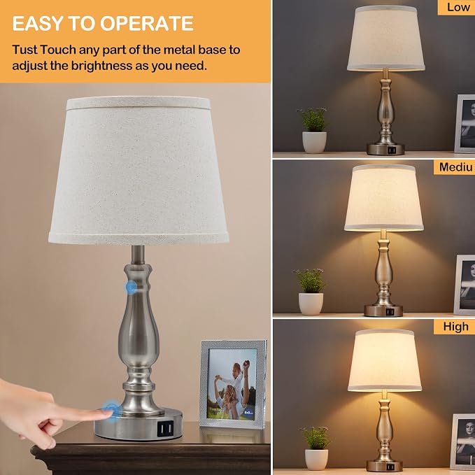 EJIAXIN Lamps for Bedrooms Set of 2, Brushed Nickel Bedside Lamps with USB C+A Ports,Dimmable Nightstand Lamps with Fabric Lampshade, Touch Table Lamp for Living Room Bedroom Office, Bulbs Included - Image 2