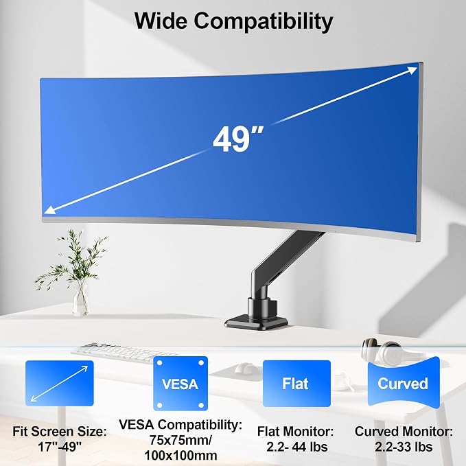 Heavy Duty Monitor Mount for Max 49" Ultrawide Screens | Hold up to 44 lbs, Premium Single Monitor Arm for Samsung Odyssey G9 and More, Adjustable Gas Spring Desk Stand, VESA Mount - Image 2