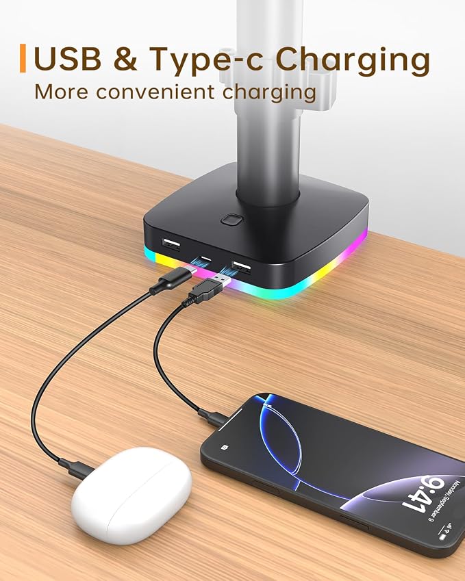 Afaloona RGB Monitor Stand with USB Hub for 13-27" Monitors, up to 17.6 lbs | Single monitor mount with 1 USB-C and 2 USB-A ports supports charging and data transfer for gaming desks and workstations - Image 4