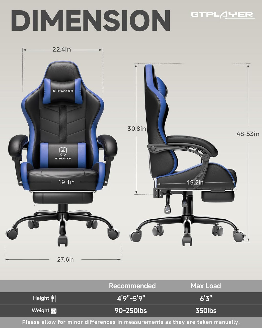 GTPLAYER Gaming Chair for Adults, Computer Chair with Footrest,Black & Blue - Image 3