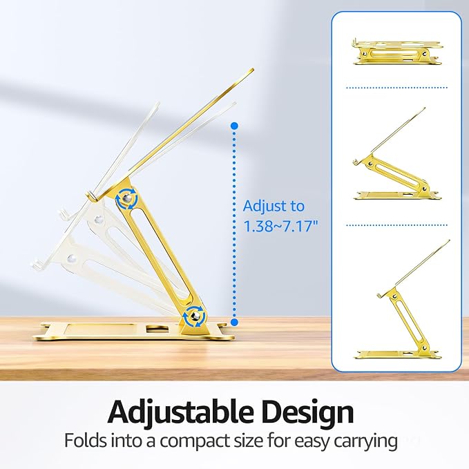 Adjustable Laptop Stand for Desk, 10-15.6“ Laptop Riser, Gold | Sturdy Aluminum Foldable Stand, Heat-Dissipation Design, Ergonomic Holder Fits MacBook/Dell/HP/Lenovo for Home/Office. - Image 8