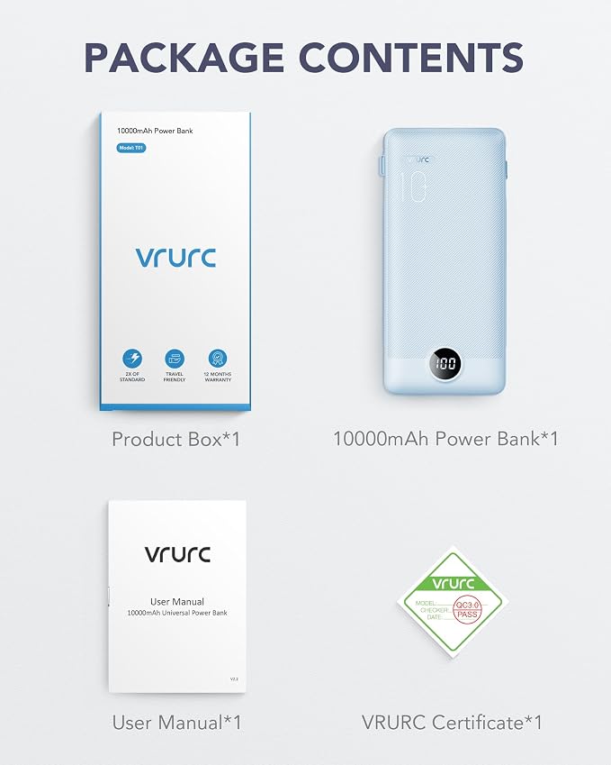 VRURC Portable Charger, Power Bank Built-in Cables and AC Wall Plug | USB C Power Bank 10000mAh, Travel Essentials Phone Charger Compact External Battery Pack For Smart Phones, Tablets etc-Blue - Image 8