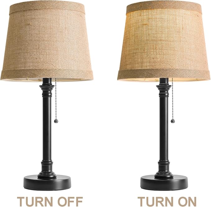 19.5" Small Table Lamps Set of 2 for Living Room Bedroom, USB A+C | Pull Chain Switch Rustic Bedside Table Lamps, Natural Shade, Small Farmhouse Nightstand Lamp for End Table & Desk Light - Image 8