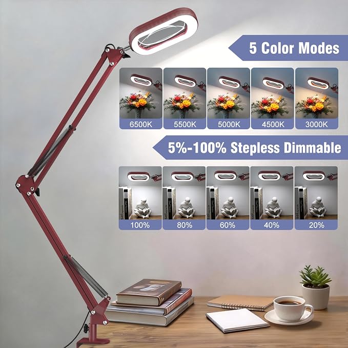 16" Extra Long Magnifying Glass with Light and Clamp, Real Glass, 5 Color Modes, Stepless Dimmable, Lighted Magnifier with Stand Hands Free, LED Swing Arm Desk Lamp for Close Work, Craft, Red - Image 6