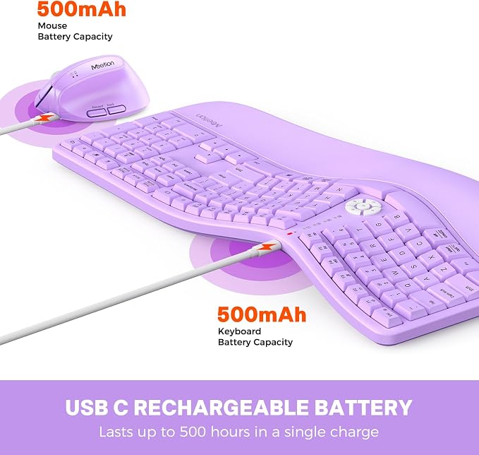 MEETION Ergonomic Keyboard and Mouse Combo, Split Wireless Design, Purple | 2.4G split keyboard with cushioned palm rest and vertical mouse, full-size natural typing design, for Windows and Mac - Image 3