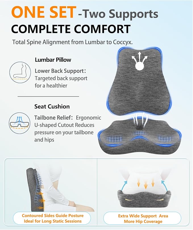 Lumbar Support Pillow & Seat Cushion for Office Chair, Memory Foam Office Chair Cushion for Tailbone Pain Relief and Lower Back Support, Ergonomic Desk Chair Cushion for Gaming, Wheelchair,Home - Image 3