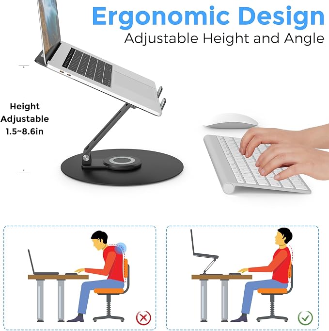 Swivel Laptop Stand for Desk, Adjustable Height Aluminum Computer Stand with 360 Rotating Base, Foldable Ergonomic Riser, Portable Laptop Holder Compatible with MacBook, All Laptops 10-17'', Black - Image 6