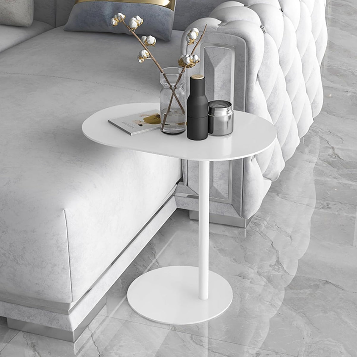 C-Shaped Side Table Iron End Table Slide Under Sofa(White，High-24.8in/63cm) - Image 7