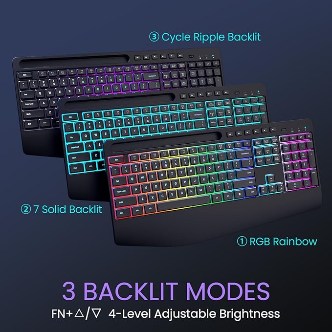 Wireless Keyboard and Mouse Combo- VEILZOR 2.4G Rechargeable Keyboard with Phone Holder, Ergonomic Wrist Rest, 9 RGB Backlit Effects, Silent Keyboard Mouse Set for Windows, Laptop, PC | 2.4G Wireless Light Up Keyboard Set, Phone Holder, Wrist Rest, 9 R... - Image 2