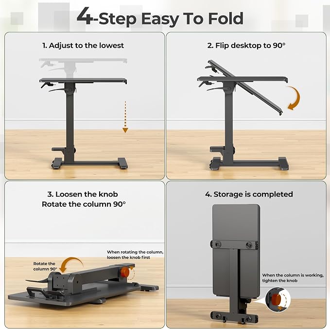 27" Portable Mobile Standing Desk, No-Assembly Needed, Black | Rolling Laptop Cart with 90° Tiltable Desktop for Storage, Compact Computer Workstation for Small Space - Image 7