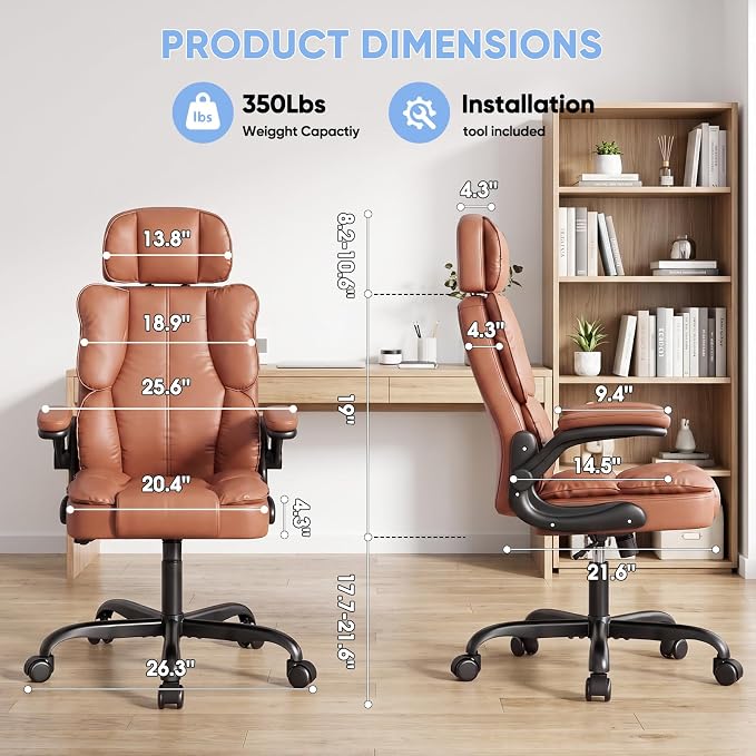 Kensaker Managerial Executive Chair with Adjustable Headrest | High Back Lumbar Support Computer Chair PU Leather Chairs Comfy with Double Padding & 135° Rocking for Home Office, Brown - Image 7