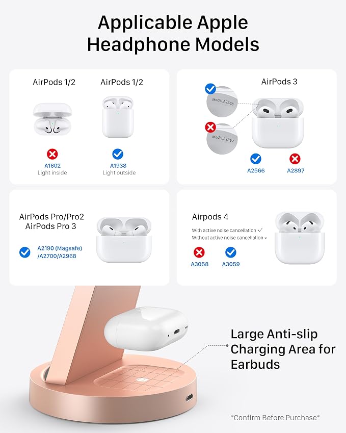 Anlmz 3 in 1 Charging Station for iPhone, Wireless Charger for iPhone 17 16e 16 15 14 13 12 11 X Pro Max & Apple Watch - Charging Stand Dock for AirPods (Rose) - Image 5