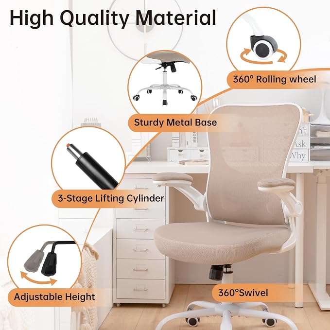 Ergonomic Office Chair,PU Leather Swivel Desk Chair with Lumbar Support,Adjustable Height Executive Task Chair with Flip-Up Armrests,Comfy Coumputer Chair for Home Office(Khaki) - Image 8