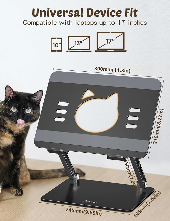 Aoviho Laptop Stand for Desk – Adjustable Aluminum Laptop Riser with Unique Cat-Shaped Cooling Vent, Portable Desk Gift & Decor, Compatible with MacBook Air Pro, Dell, HP, Lenovo (10"-17.3"), Black - Image 5