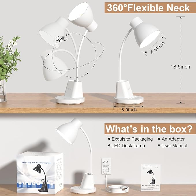 10W Wireless Charging LED Desk Lamp with Pen Holder, CRI 95, White | 800LM, 3 Modes, 360°Flexible Arm, Touch, Brightness, Table Lamp for Home Office, Dorm, Bedside, Study, Reading, with Adapter - Image 5