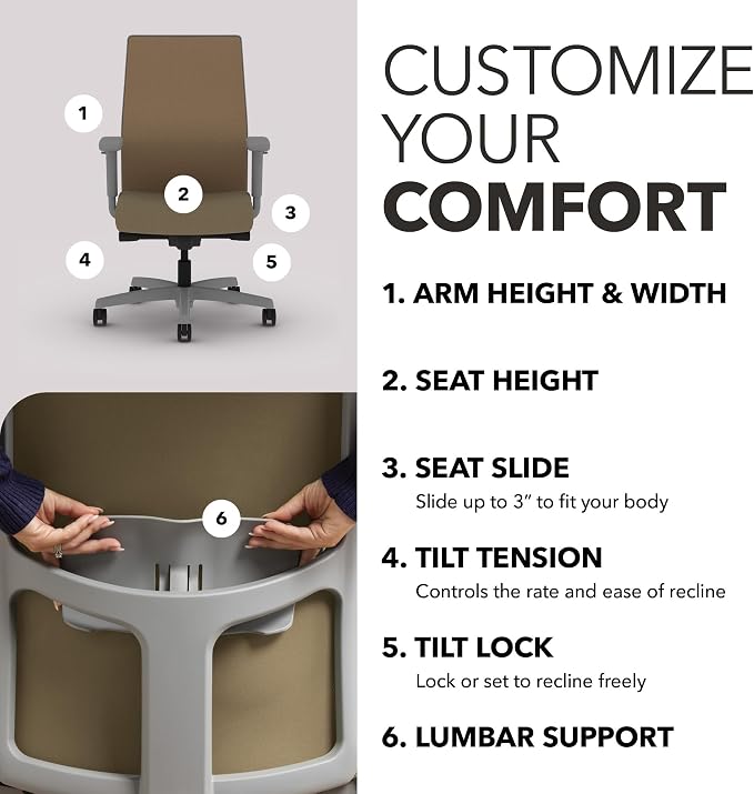 HON Ignition 2.0 Mid Back Task Chair, Spectrum Mesh, Advanced Synchro-Tilt Control, Office Chair with Lumbar Support, Height and Width Adjustable Arms, Titanium Frame, Quicksand | Ergonomic office desk chair with lumbar support, adjustable arms, office... - Image 3