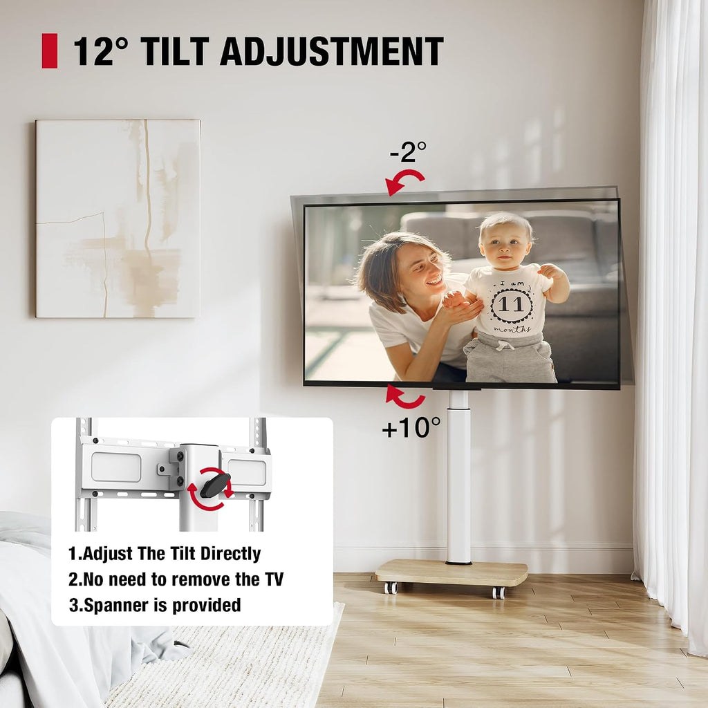 Tall Rolling TV Stand with 90° Rotation & 12° Tilt, 10-Height Adjustable Mobile TV Stand for 32-65 Inch TVs, Portrait/Landscape TV Cart for Home Office Studio, Black - Image 5