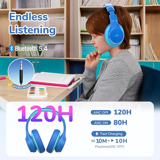 EarFun K4NC Active Noise Cancelling Headphones for Kids,120H Playtime Blue | 74/85/94dBA Volume Limited, Kids Bluetooth Headphones with Mic, Bluetooth 5.4 Stereo Sound Kid Headset for School/Home/Travel - Image 6