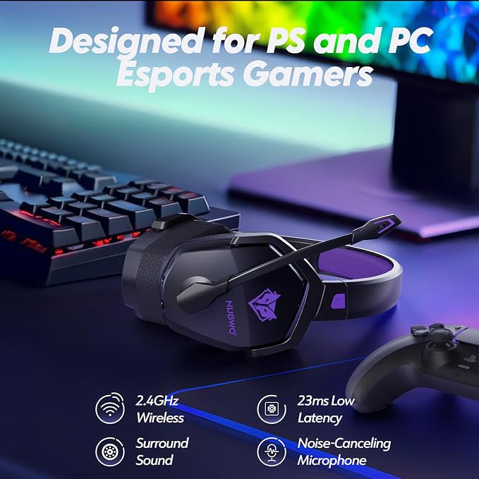 NUBWO Wireless Gaming Headset with Mic for Ps5 Ps4 PC, Zero Interference, 100-Hour Battery All-Day Play, 23ms Sync​ for Fortnite & Call of Duty/FPS Gamers, Triple Mode All Devices Compatible - Purple - Image 2