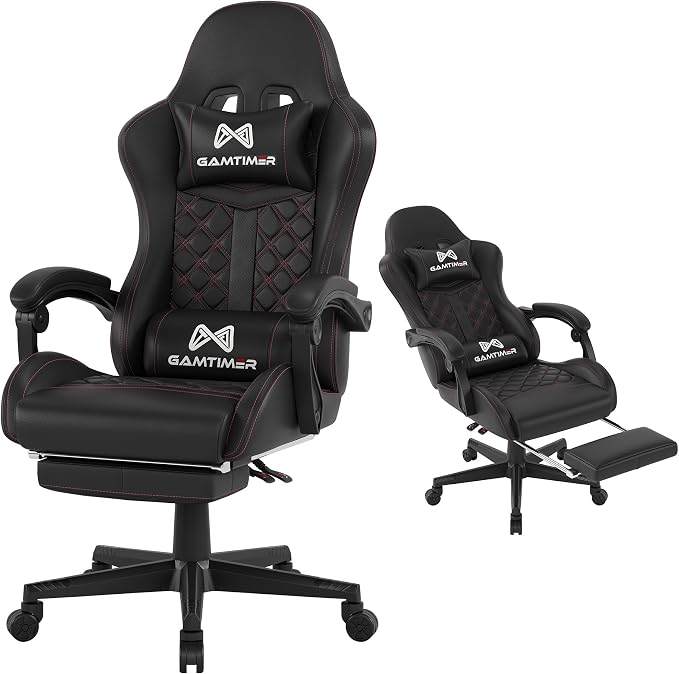 Gamtimer Gaming Chair, 400 LB Weight Capacity,with Pocket Spring Cushion | Ergonomic Backrest Office Chair,Leather, with Headrest and Lumbar Support, Footrest, Suitable for Adults(Black) by GAMTIMERBrandHome