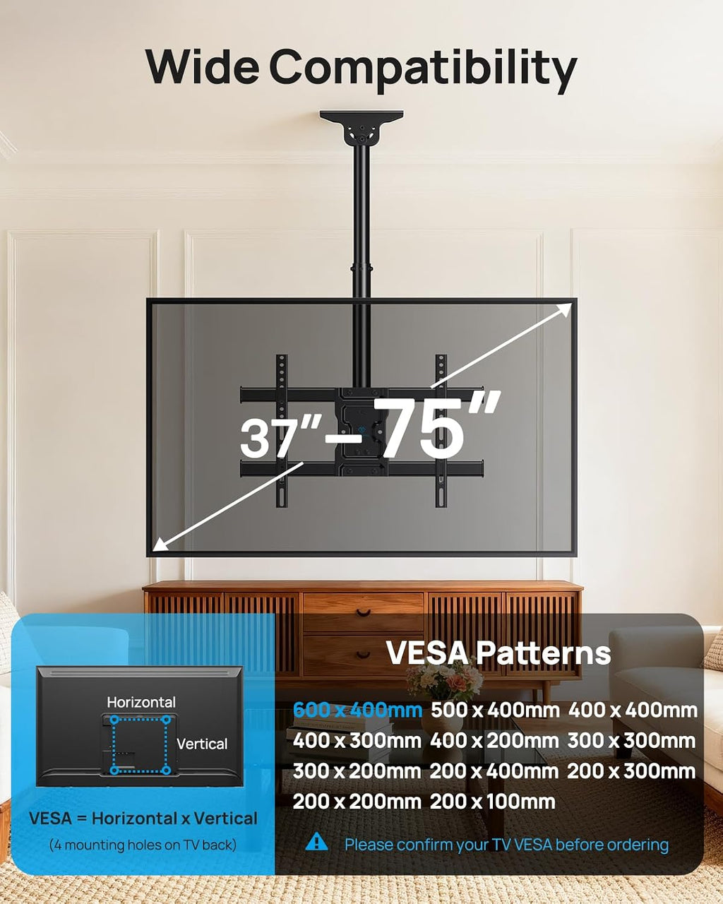 PERLESMITH Ceiling TV Mount for 37–75 inch TVs up to 110 lbs - Image 2