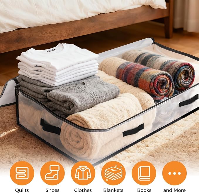 6 Pack Under Bed Storage Bags, 90L Foldable Clear Containers with Handles | Dual Zipper Storage Bins for Comforters, Bedding, Blankets, Closet Organizer for Clothes, Linen Sheets, Sweaters - Image 4