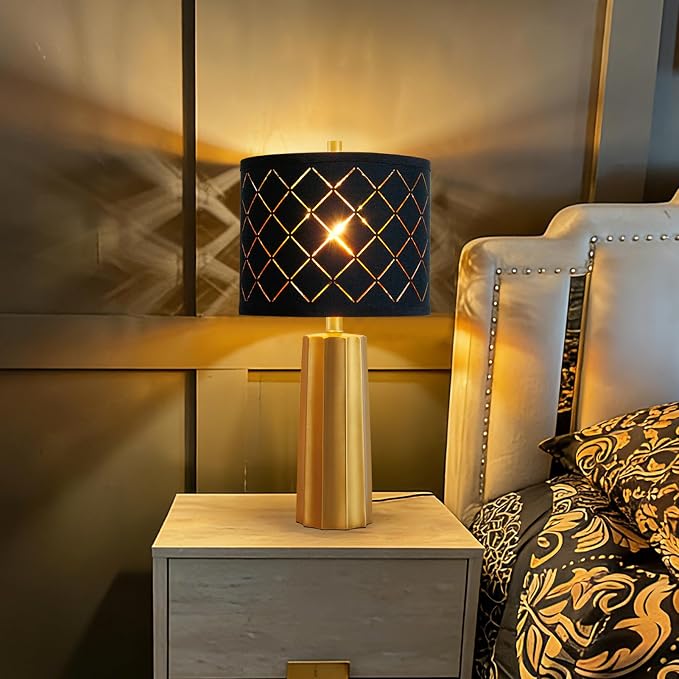 24" Modern Table Lamp for Living Room Bedroom Black Grid Shade | Gold Nightstand Resin Lamps Contemporary Desk Lamps for Bedside End Tables, 2 Bulbs Included (Gold) - Image 3