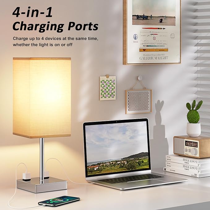 17.4" Grey Touch Table Lamp for Bedroom - Dimmable, USB C+A, 2 AC Outlets | 3-Way Dimming, 3000K Bulb Included, Square Grey Lampshade and Silver Base, Desk Lamp for Nightstand, Living Room, Dorm - Image 6