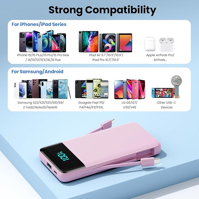 Portable Charger Power Bank for iPhone with Built-in Cables and AC Wall Plug, 13800mAh Ultra Slim Travel Essentials,USB C Fast Charging External Battery Pack for iPhone 17/16/13,Galaxy,Android-Pink - Image 6