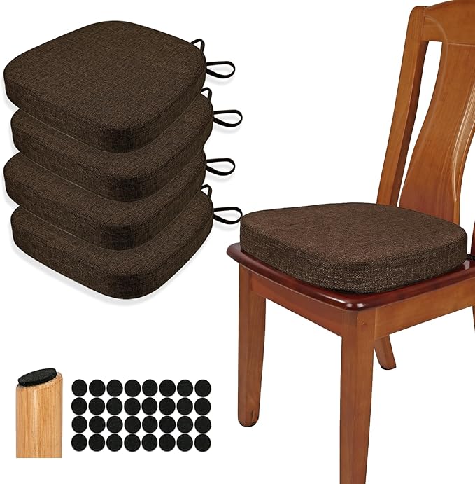 BUYUE Thickened 2.5" Dining Chair Cushions Set of 4, U-Shape High Density Foam Comfortable Chair Pads for Kitchen, Slip Resistant Indoor Seat Cushions (4 PCS, Chocolate) by BUYUE