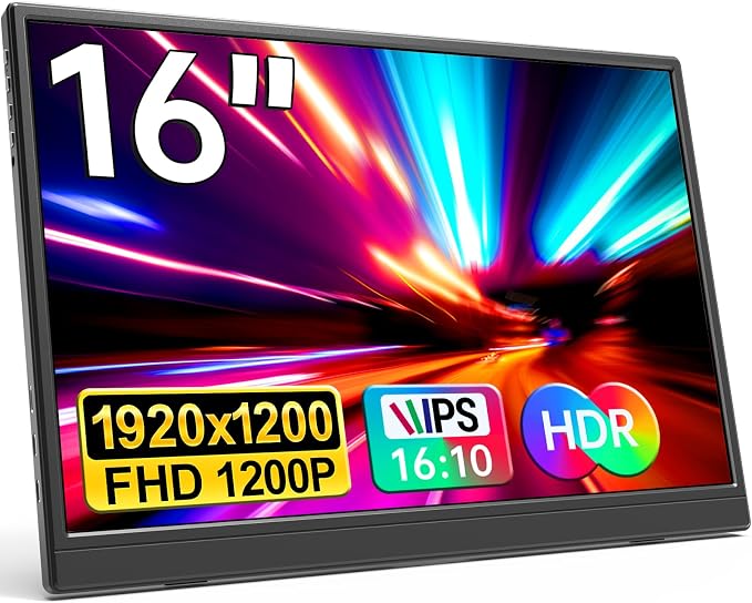 Portable Monitor 16.0inch FHD 1920 * 1200P USB C HDMI Ultra-Slim IPS Travel Display & Speakers, HDR Plug&Play, External Monitor for Laptop PC, Phone, Mac by Unknown