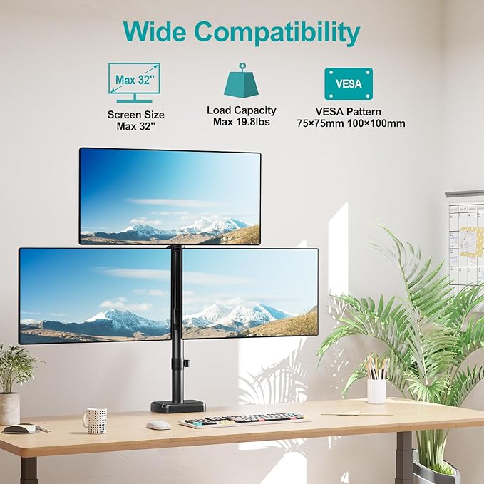 MOUNT PRO Triple Monitor Mount for Max 32" Computer Screen, Adjustable 3 Monitor Desk Mount, up to 19.8lbs Each, Three Display Arm with Tilt Swivel Rotation, VESA Mount 75x75/100x100mm - Image 2