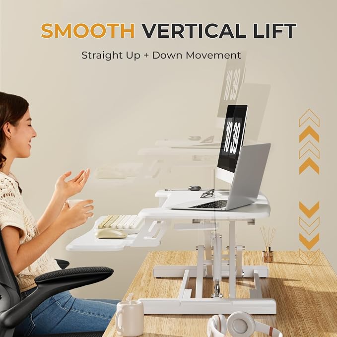 JOY worker Standing Desk Converter, 35" Height Adjustable Desk Riser, White | Sit Stand Up Desktop Riser with Keyboard Tray & 6 Fridge Magnets, Converter Workstation for Home Office Dual Computer Laptop - Image 7