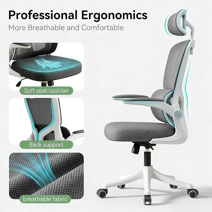 Ergonomic Office Chair with Dynamic Lumbar Support & Adjustable Headrest – High Back Desk Chair with 90° Flip-up Arms, Comfort Mesh Computer Chair for Home Office Long Hours Sitting，Gery - Image 6