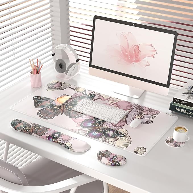 QIYI PU Leather Desk Mat Set, 4-in-1 Ergonomic Wrist Rest, Butterflies | Waterproof Large Mouse Pad 31.5×15.7 + Keyboard Wrist Rest + Mouse Wrist Support+Coaster, Non-Slip Office Gaming Accessories - Image 2